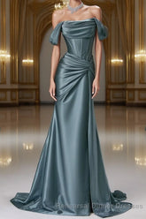 Steel Blue Silk Evening Dress - Corset Back Semi Formal Prom Dress with Off-the-Shoulder Design Plus Size